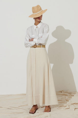 Belted Linen Flared Skirt Stone
