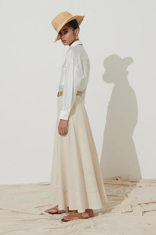 Belted Linen Flared Skirt Stone