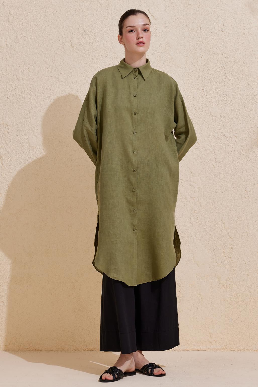 Linen Long Shirt Khaki Green