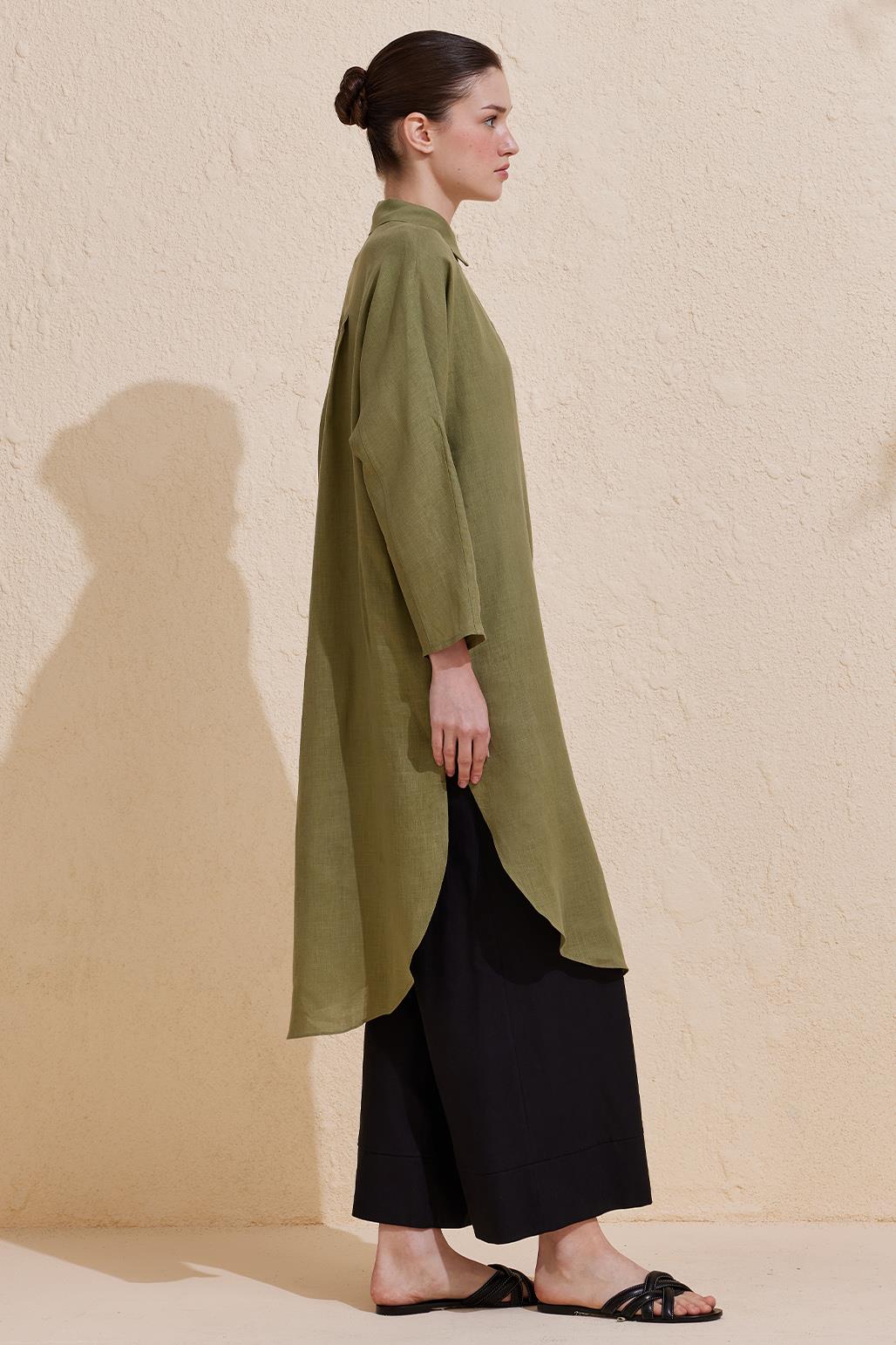 Linen Long Shirt Khaki Green