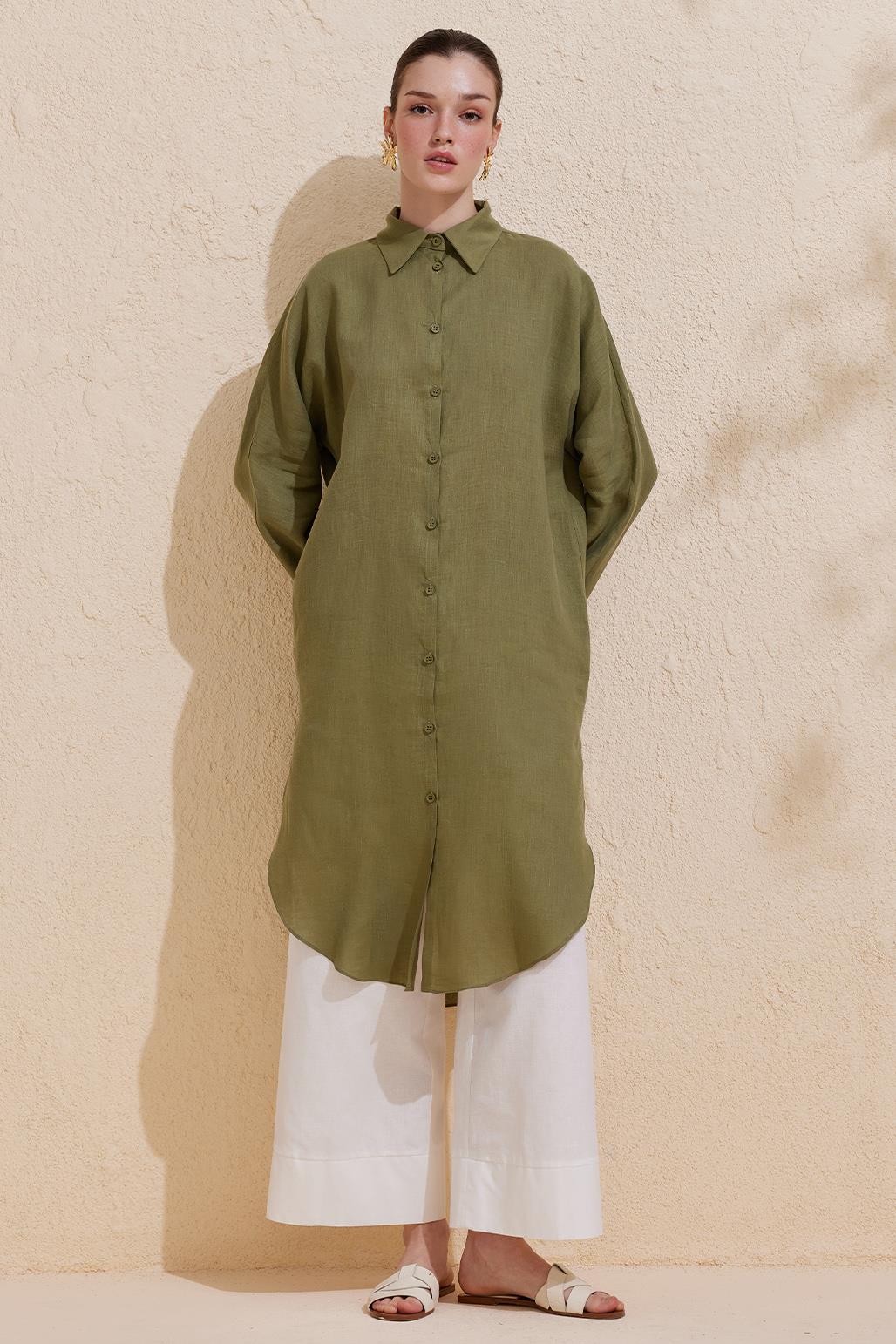 Linen Long Shirt Khaki Green