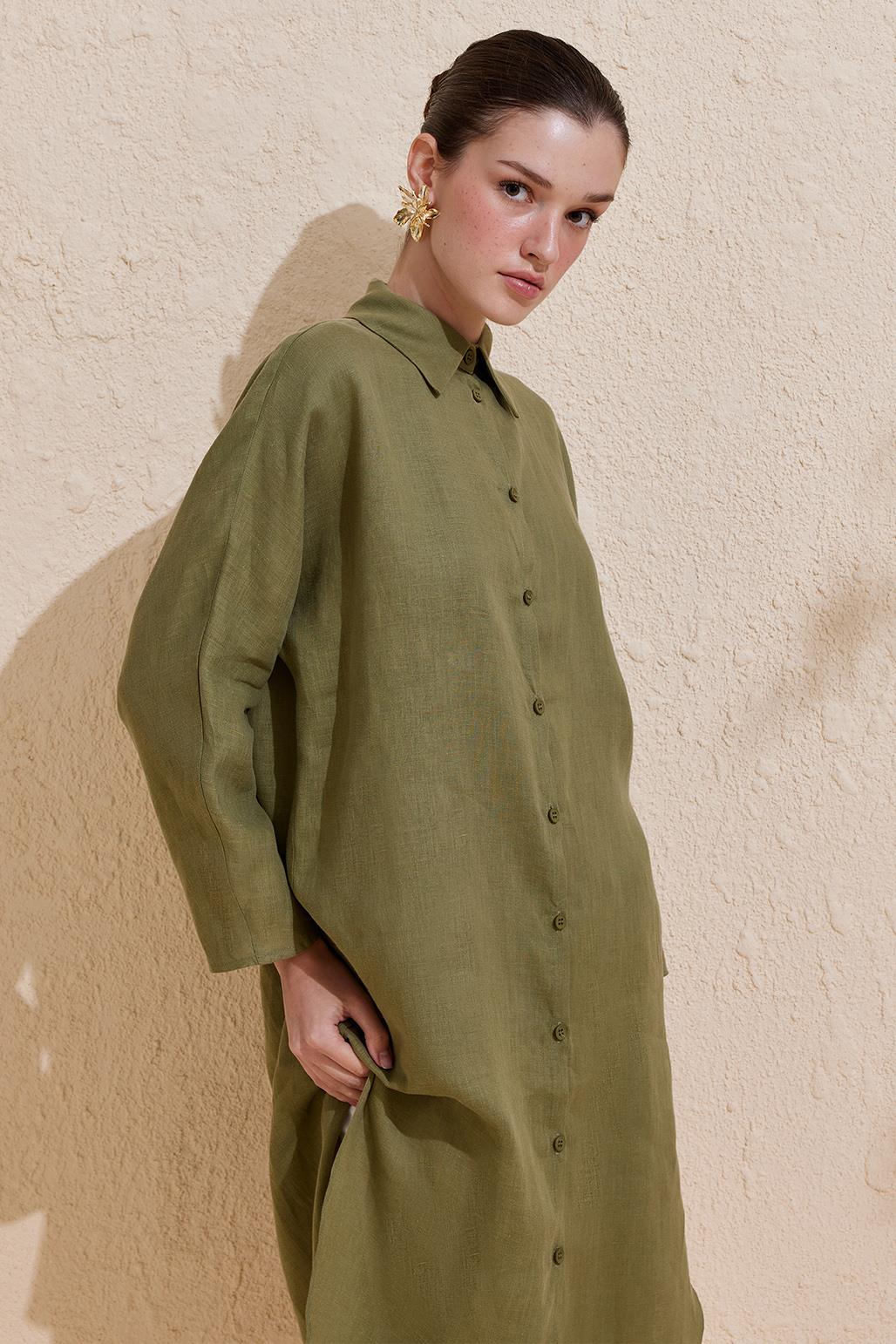 Linen Long Shirt Khaki Green