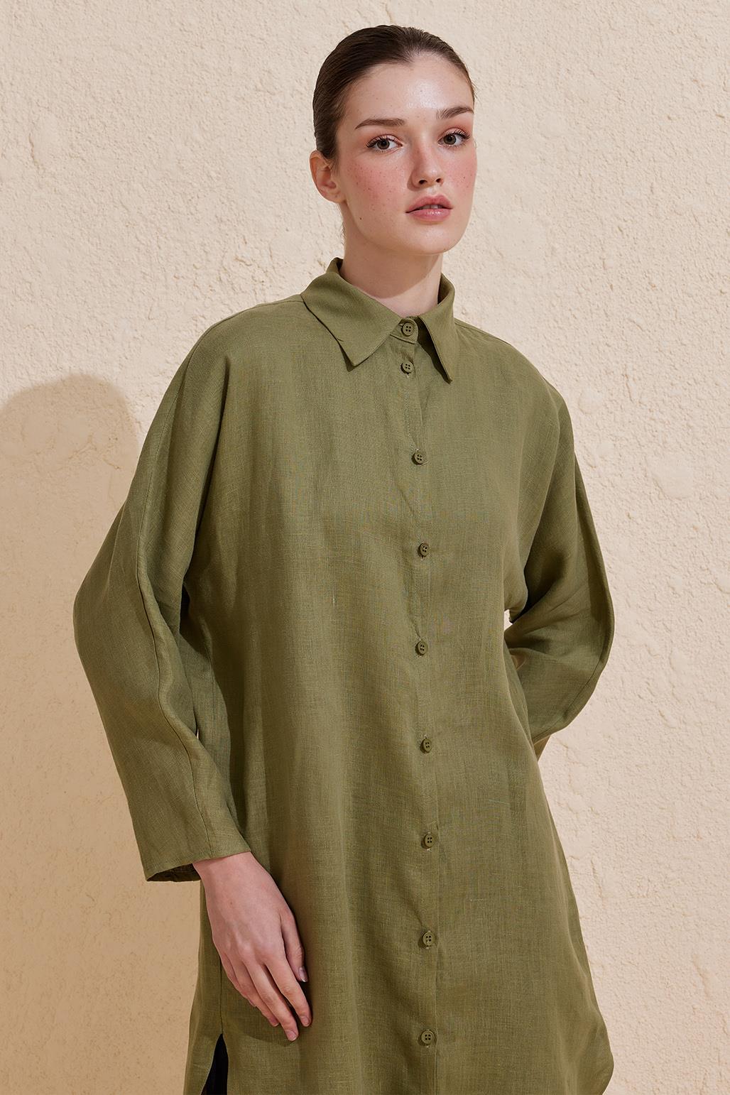 Linen Long Shirt Khaki Green