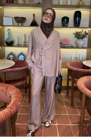 Kimono Trousers Set with Strap Detail Mink