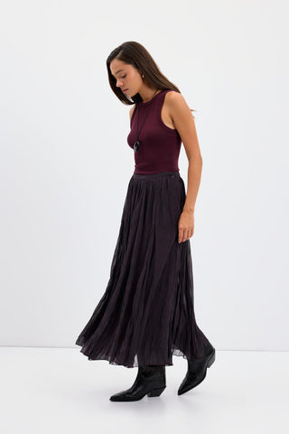 Crinkle Effect Long Flared Skirt Charcoal