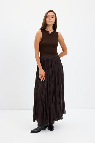 Crinkle Effect Long Flared Skirt Brown