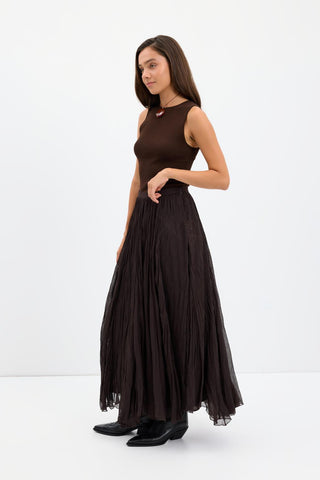 Crinkle Effect Long Flared Skirt Brown