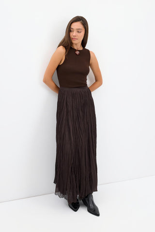 Crinkle Effect Long Flared Skirt Brown
