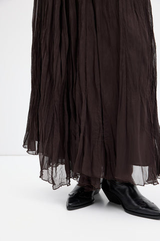 Crinkle Effect Long Flared Skirt Brown