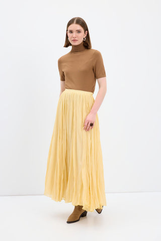 Crinkle Effect Long Flared Skirt Yellow