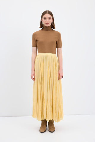 Crinkle Effect Long Flared Skirt Yellow