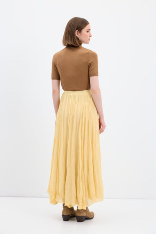 Crinkle Effect Long Flared Skirt Yellow