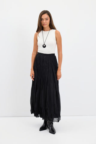 Crinkle Effect Long Flared Skirt Black
