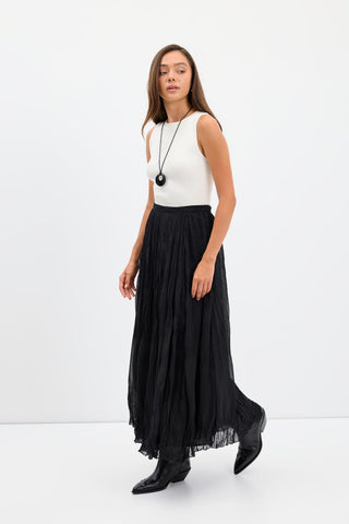 Crinkle Effect Long Flared Skirt Black