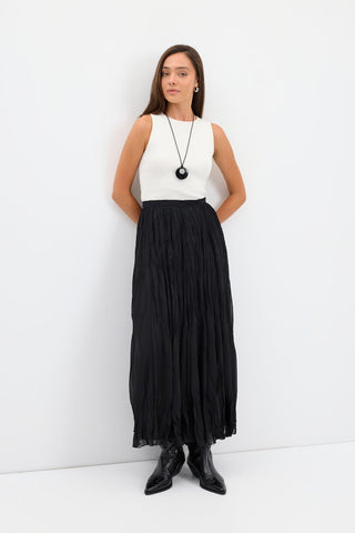 Crinkle Effect Long Flared Skirt Black