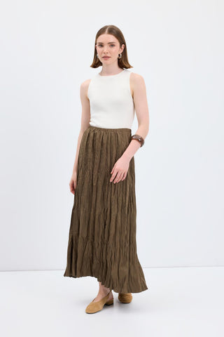 Crinkle Effect Long Suede Skirt Khaki