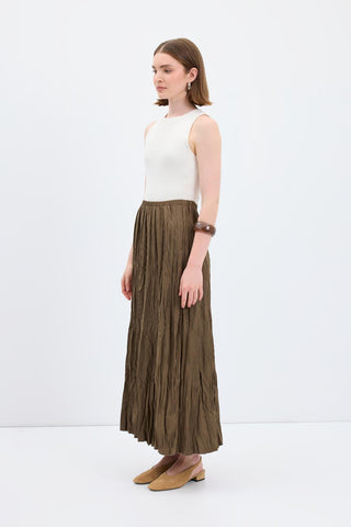 Crinkle Effect Long Suede Skirt Khaki