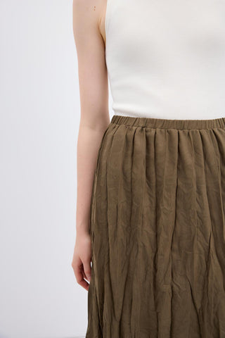 Crinkle Effect Long Suede Skirt Khaki