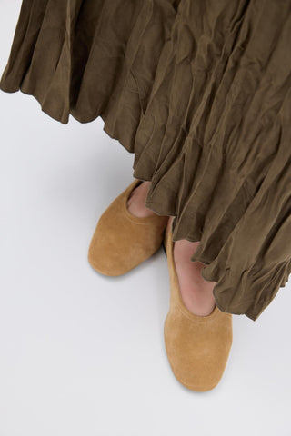 Crinkle Effect Long Suede Skirt Khaki