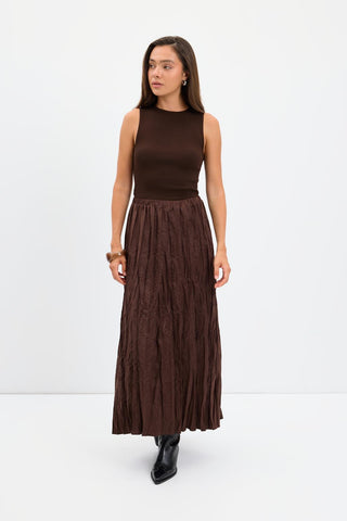 Crinkle Effect Long Suede Skirt Brown