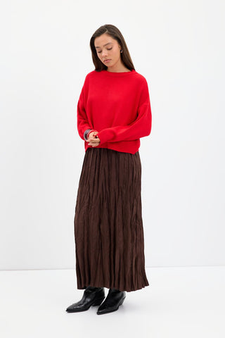 Crinkle Effect Long Suede Skirt Brown