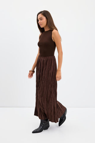 Crinkle Effect Long Suede Skirt Brown