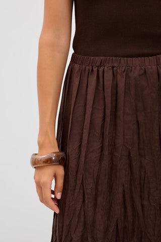 Crinkle Effect Long Suede Skirt Brown