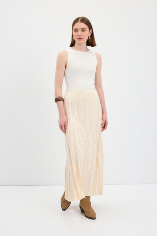 Crinkle Effect Long Suede Skirt Ivory