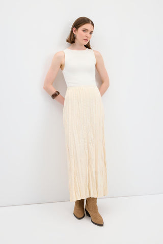 Crinkle Effect Long Suede Skirt Ivory