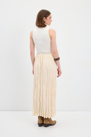 Crinkle Effect Long Suede Skirt Ivory