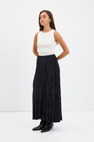 Crinkle Effect Long Suede Skirt Black