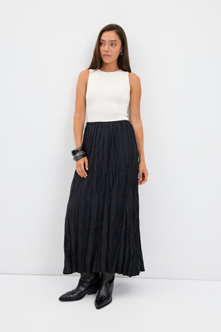 Crinkle Effect Long Suede Skirt Black