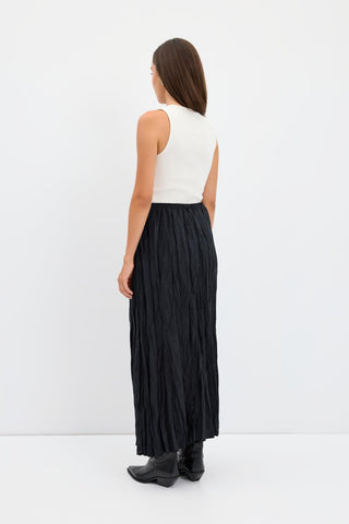 Crinkle Effect Long Suede Skirt Black