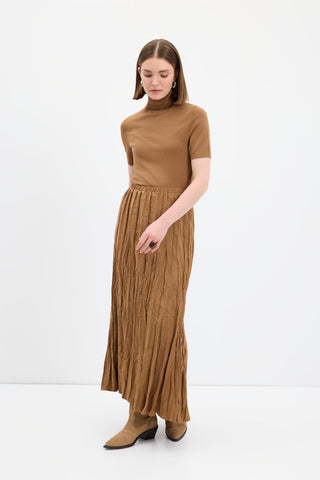 Crinkle Effect Long Suede Skirt Camel