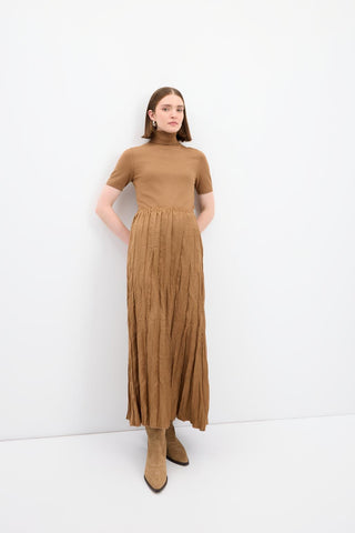 Crinkle Effect Long Suede Skirt Camel