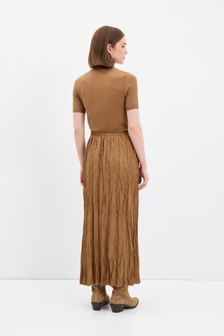 Crinkle Effect Long Suede Skirt Camel