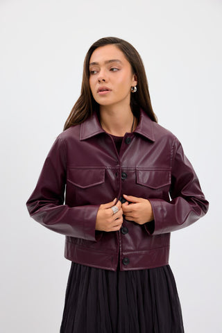 Faux Leather Short Jacket Burgundy