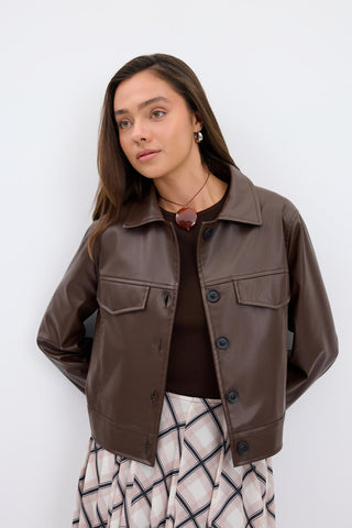 Faux Leather Short Jacket Brown