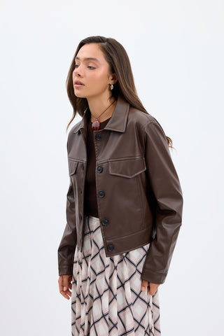 Faux Leather Short Jacket Brown