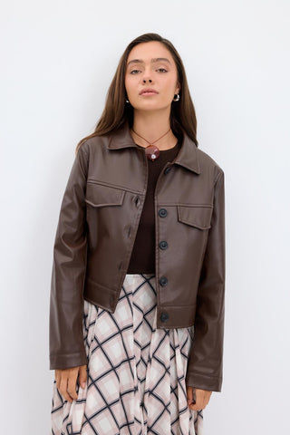 Faux Leather Short Jacket Brown