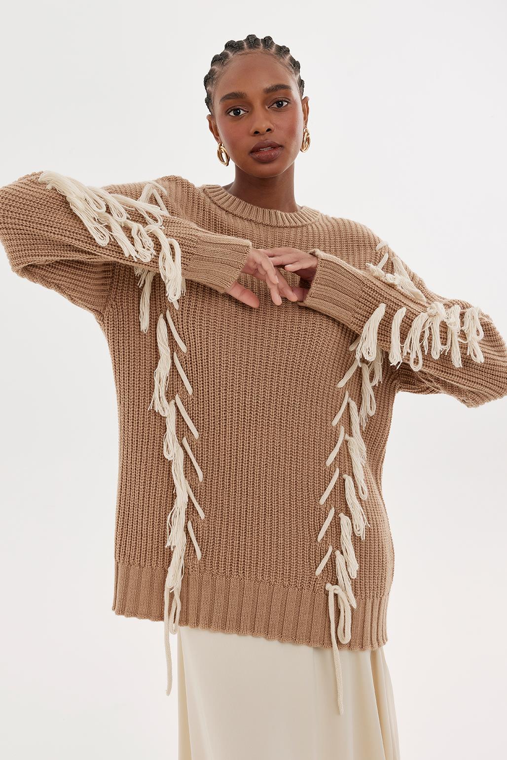 Knit Sweater With Tassels Mink