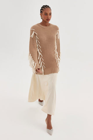 Knit Sweater With Tassels Mink