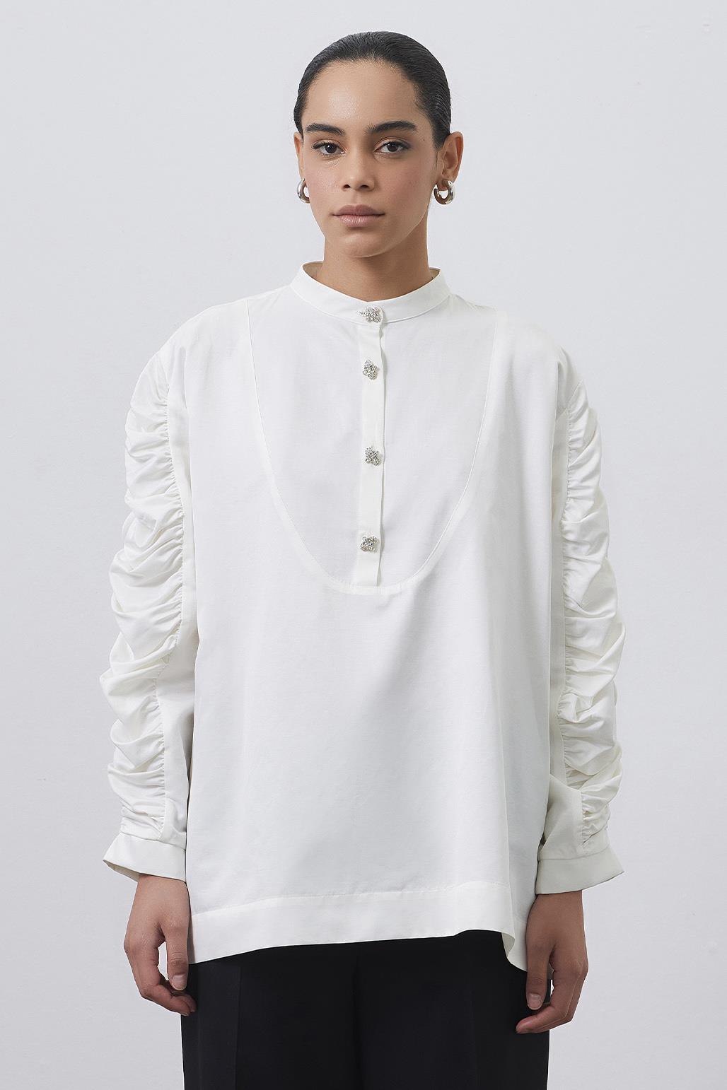 Shirt With Gathered Sleeve Detail Ecru