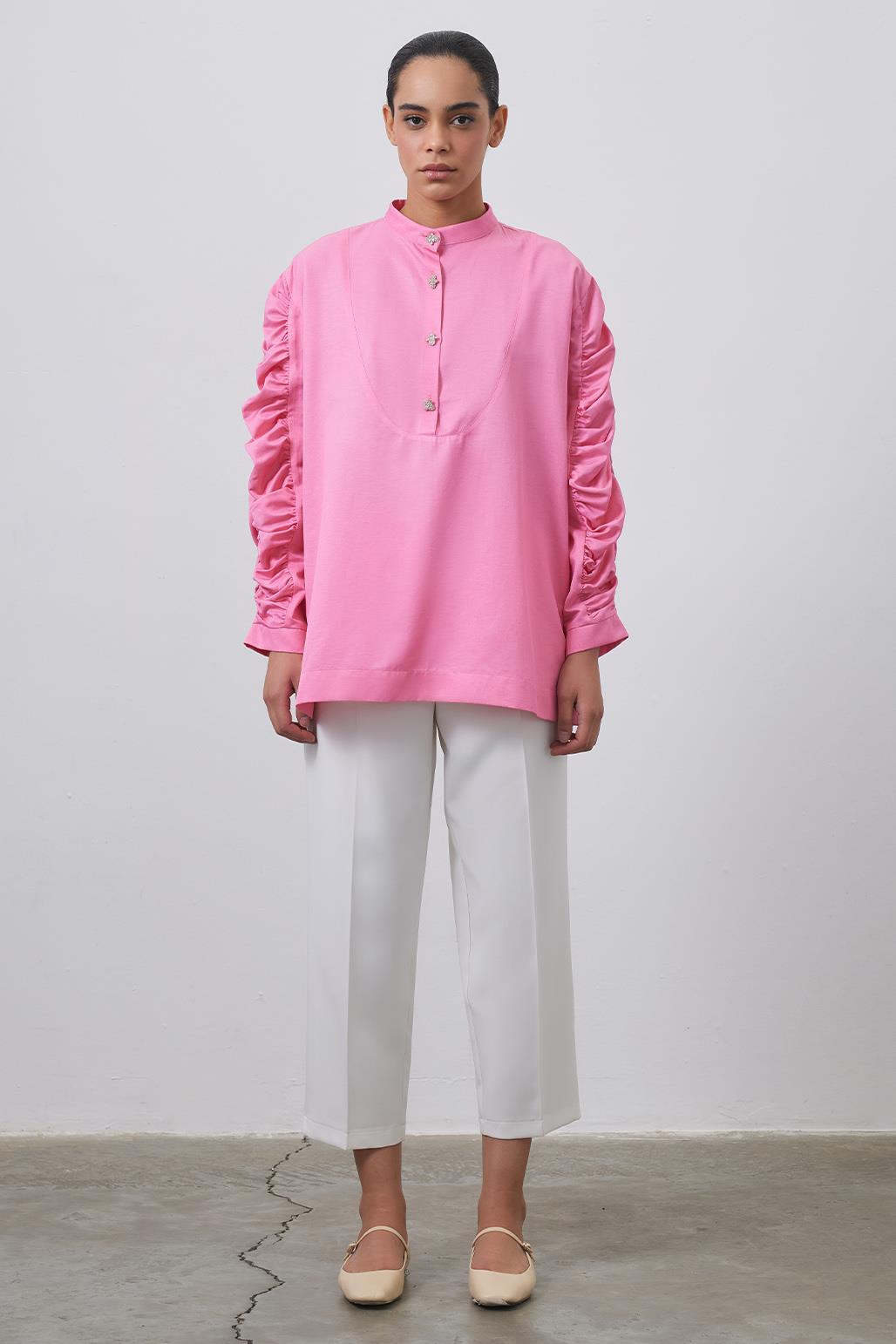 Shirt With Gathered Sleeve Detail Pink