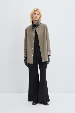 Contrast Collar Checked Lined Jacket Khaki