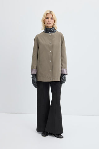 Contrast Collar Checked Lined Jacket Khaki