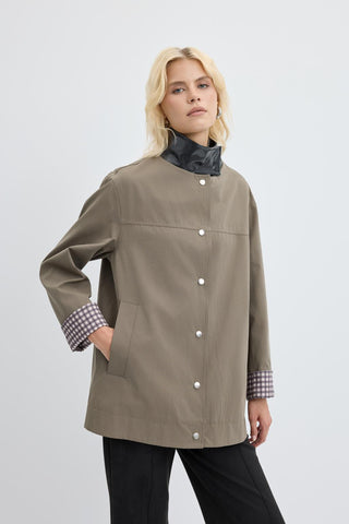 Contrast Collar Checked Lined Jacket Khaki