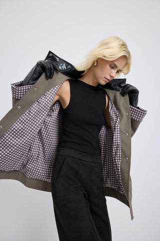 Contrast Collar Checked Lined Jacket Khaki