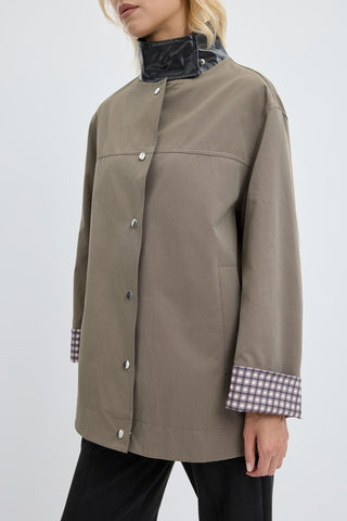 Contrast Collar Checked Lined Jacket Khaki