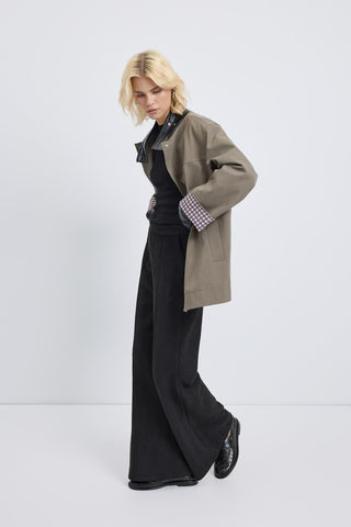 Contrast Collar Checked Lined Jacket Khaki